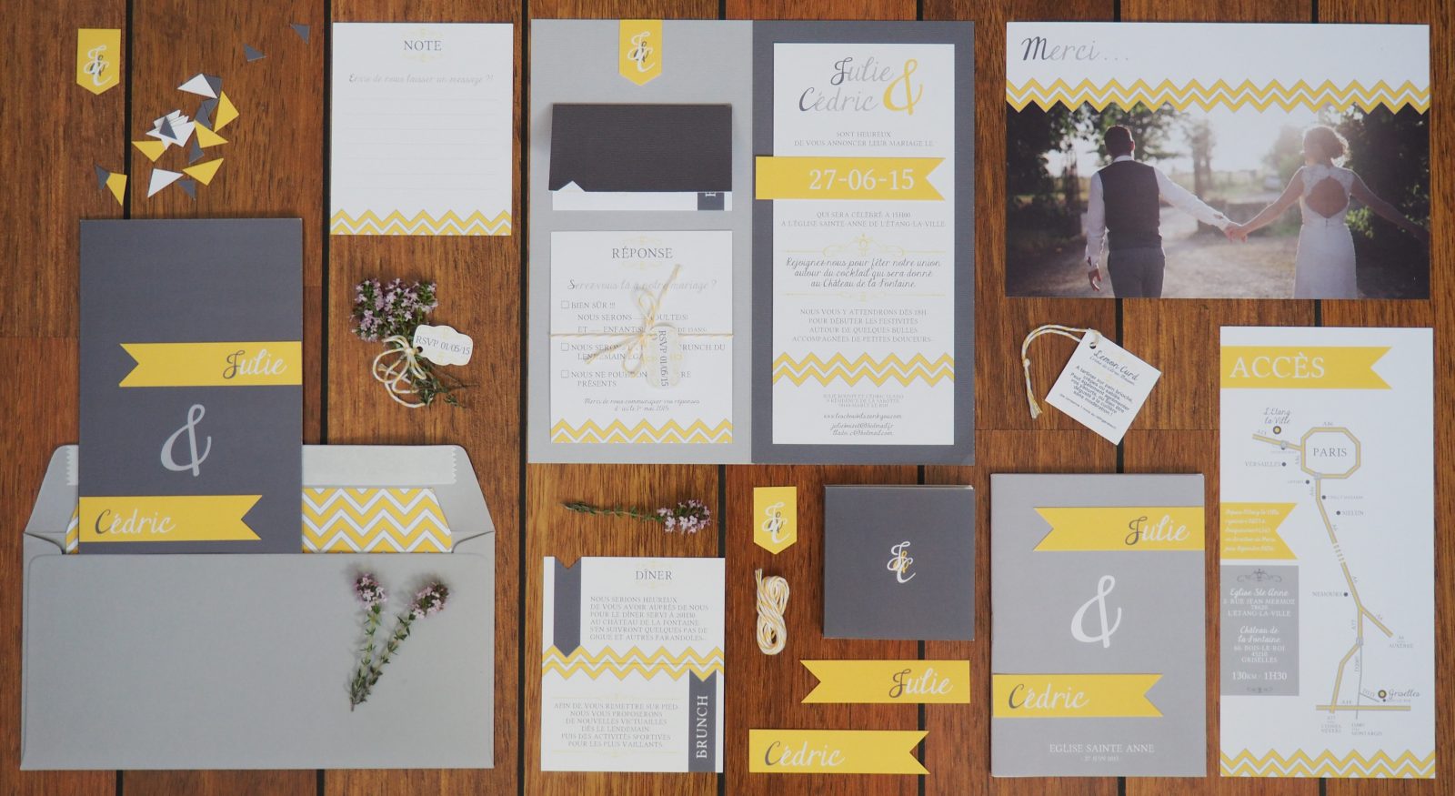 faire-part personnalisé mariage jaune gris amiens lille paris creation chevron elegant chic pliage