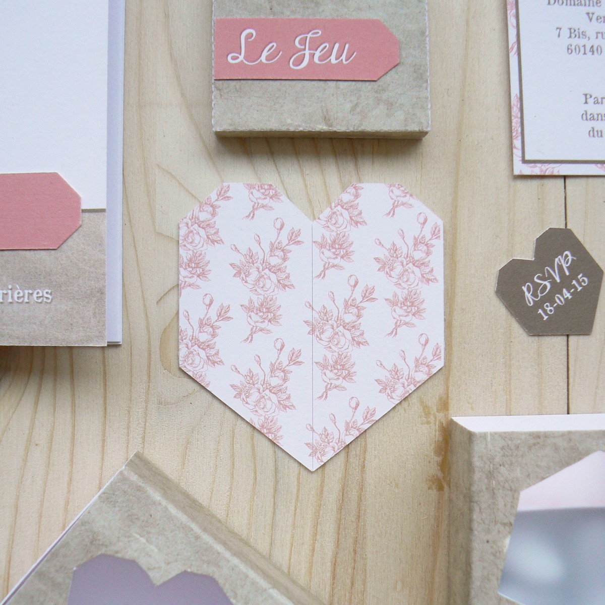 faire-part mariage personnalisé pliage origami rose vintage fleur chateau verderonne