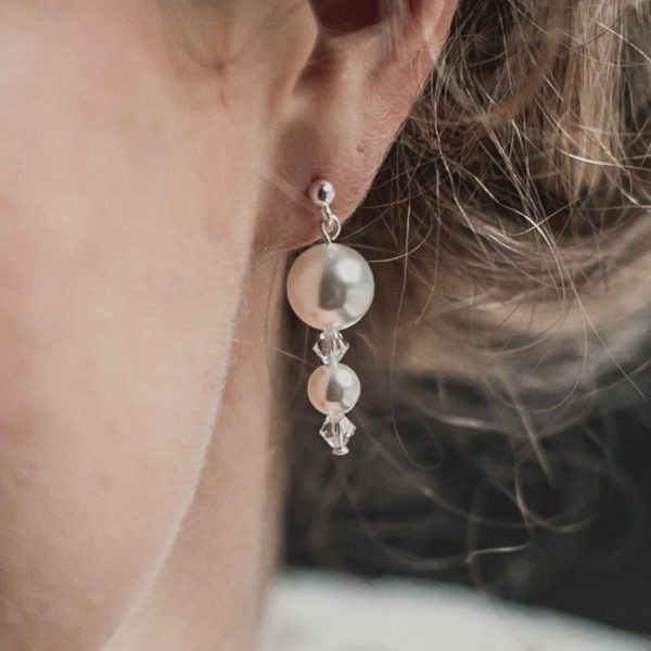 Boucles d'oreilles pour mariage en perle, strass et cristal