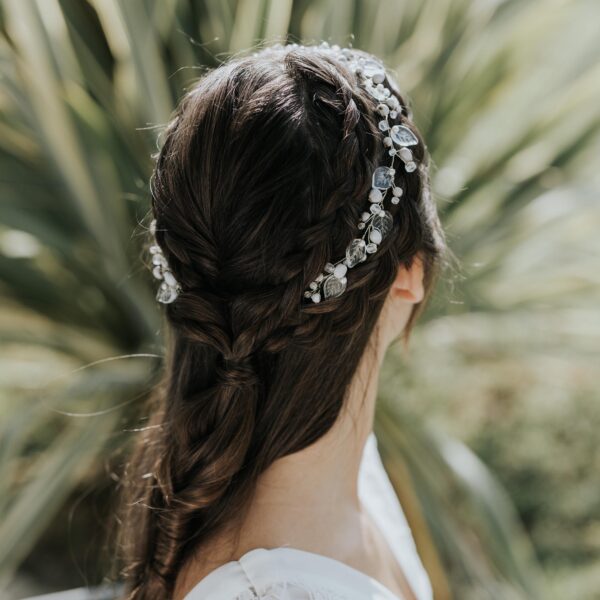 couronne de mariée en perles graines et feuilles transparentes, vigne de cheveux