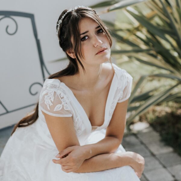 couronne de mariée en perles graines et feuilles transparentes, vigne de cheveux