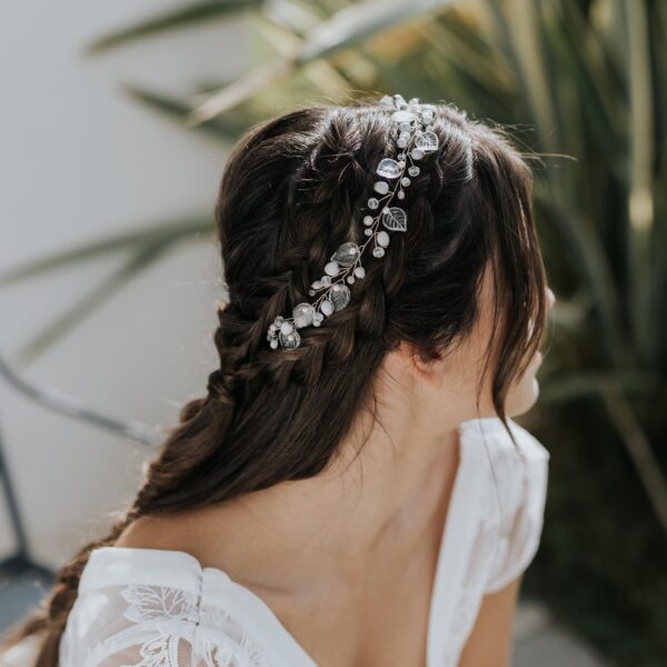 couronne de mariée en perles graines et feuilles transparentes, vigne de cheveux