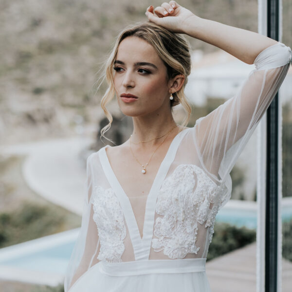 Bijou de mariage fin et élégant, collier de mariée pendant devant avec perle en porcelaine