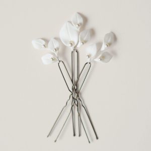 KIMY - Bijoux de mariage Hélène Ripoll, trio d'épingles pour coiffure de mariée en feuilles de porcelaine et perles nacrées.